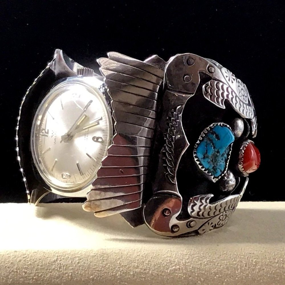 Native American Watch Cuff Signed Turquoise Coral Waltham Watch 7” 152g